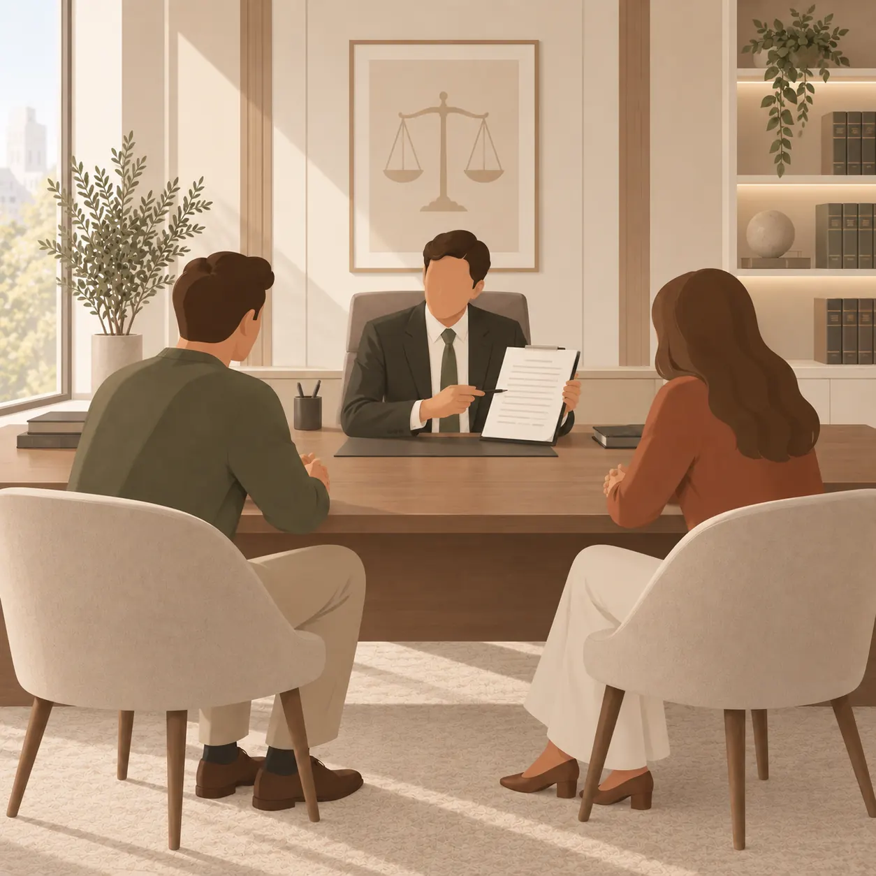 Pareja conversando con un abogado en una consulta